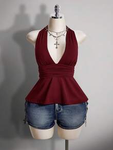 SHEIN ICON 大码V领收腰A字露背波点吊带背心，复古Y2K波点露背吊带背心，娃娃款波点露背吊带上衣 - 酒紅色 - 查看 4