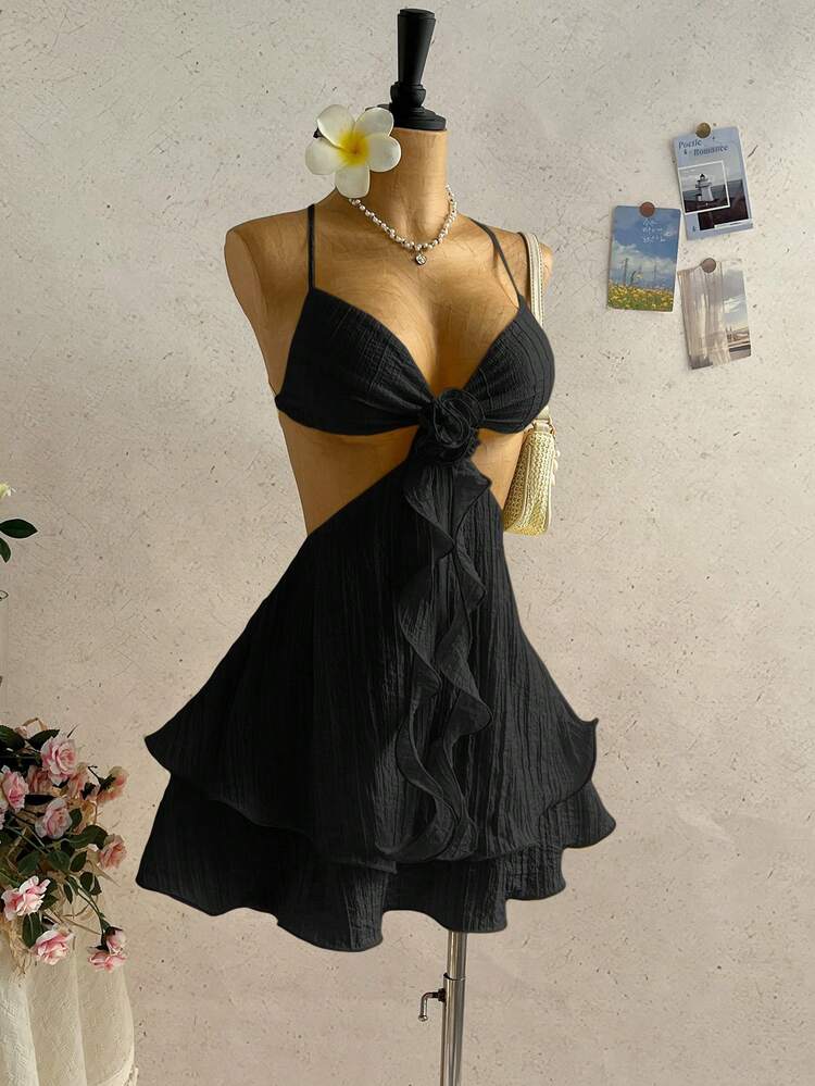 black flowy dress short Navy with Double Layer Circle Skirt and Sash Dries Van Noten - Dunes
