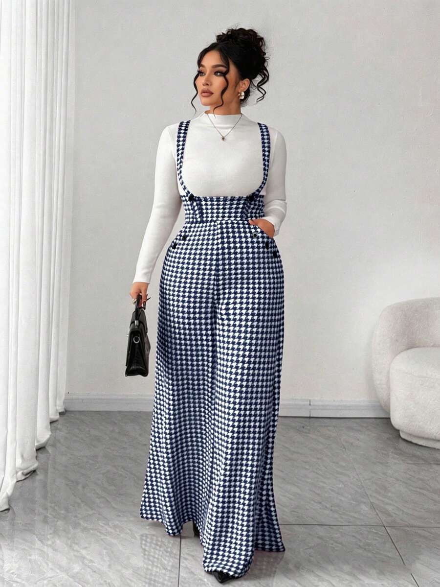 SHEIN Tall CURVE 大尺碼全印花斜口袋優雅休閒寬腿連身褲 正式辦公穿搭 海軍藍 秋季 - 藏蓝色 - 查看 1