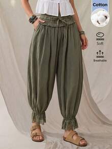 Wildy Quần lửng 3/4 kiểu Bohemian mùa hè, phong cách đồng quê, màu xanh lá cây, chất liệu cotton, cạp chun, phối ren, màu xanh lá cây. - màu xanh lá - Xem 3