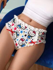 Chillnights HELLO KITTY AND FRIENDS | SHEIN Women Cute Cartoon Print Bow Decor Ruffle Trim Panties - White - View 3