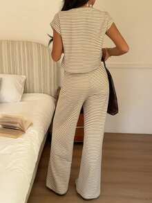 SHEIN EZwear 卡其色条纹针织女士家居服套装 - 卡其色 - 查看 2