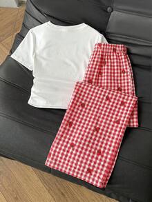 SHEIN 青少年女孩休閒可愛圓領上衣與格紋長褲套裝，紅白格紋，適合女孩旅行、夏季派對 - 紅色 - 查看 7