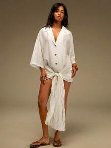 Athîral Women's Holiday Casual Shirt Set, Summer White Outfit, Beach Holiday Outfit, Semi Transparent Shirt Set, Date Party Outfit, Daily Outfit, - White - View 3