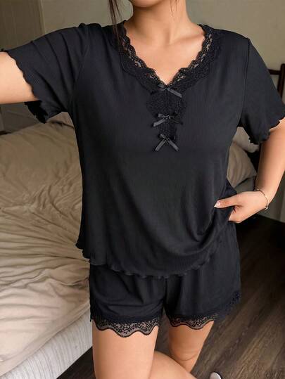 Napfluff CURVE Napfluff CURVE Plus Size Women's Black V-Neck Lace Trim Bow Tie Ruffle Edge Super Soft Silky Rib Knit Fabric Short Sleeve Shorts Loungewear Set, Casual Everyday Sleepwear