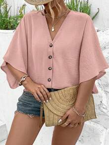 Breezaya Plus Size Women's Elegant Solid Color Jacquard V-Neck Raglan Sleeve Button Decor Beach Resort 2025 Spring/Summer New Versatile Blouse - Dusty Pink - View 3