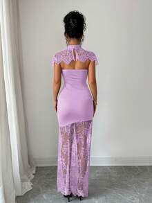 SHEIN Elenzya Solid Color Lace Patchwork Hollow Out Sheer Fitted Short Sleeve Dress - Purple - View 4