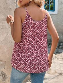 SHEIN Clasi Áo hai dây nữ màu hồng họa tiết hoa nhí thời trang, thanh lịch, thích hợp mặc riêng hoặc mặc nhiều lớp trong nhiều dịp. - Màu Đỏ Sâu - Xem 2