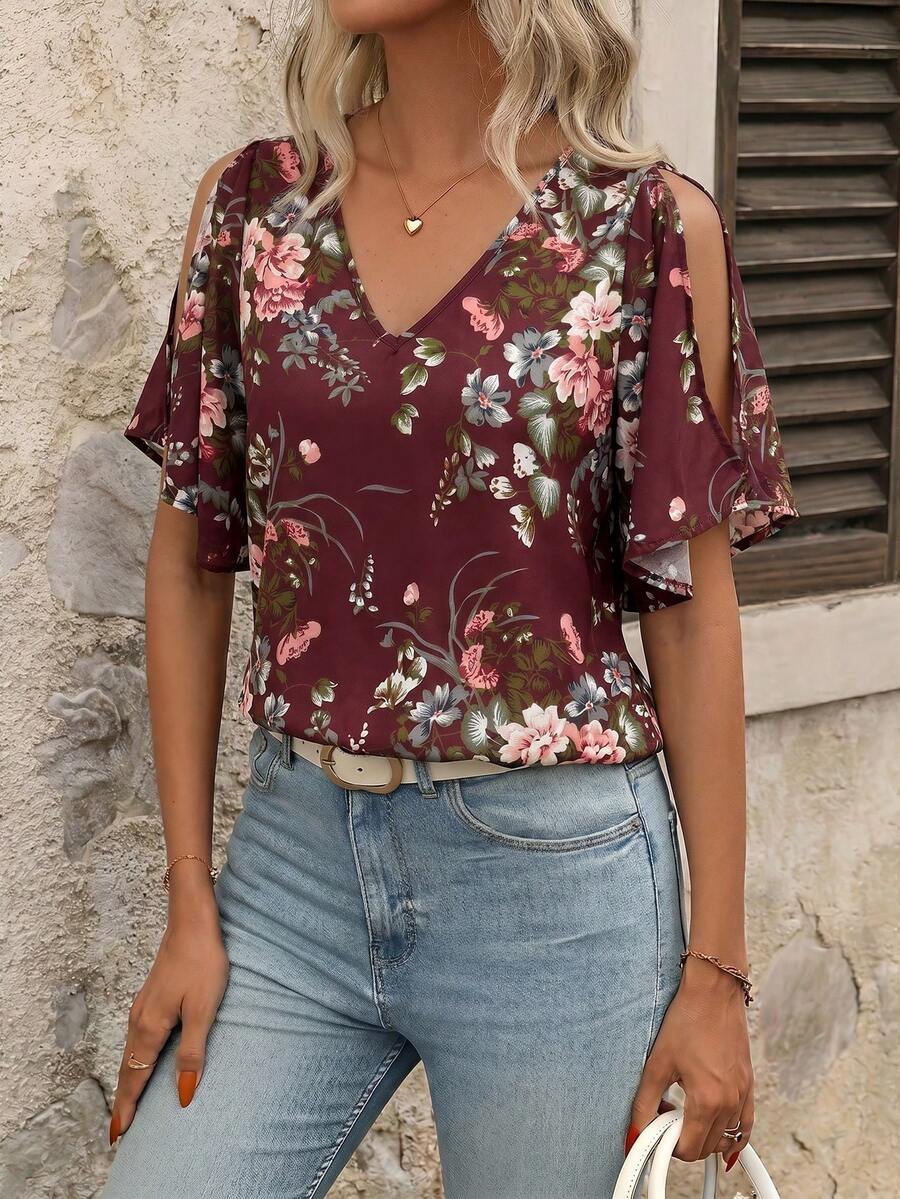 SHEIN Clasi Áo kiểu nữ cổ chữ V in hoa, tay bồng, xẻ tà - Màu Đỏ Sâu - Xem 1