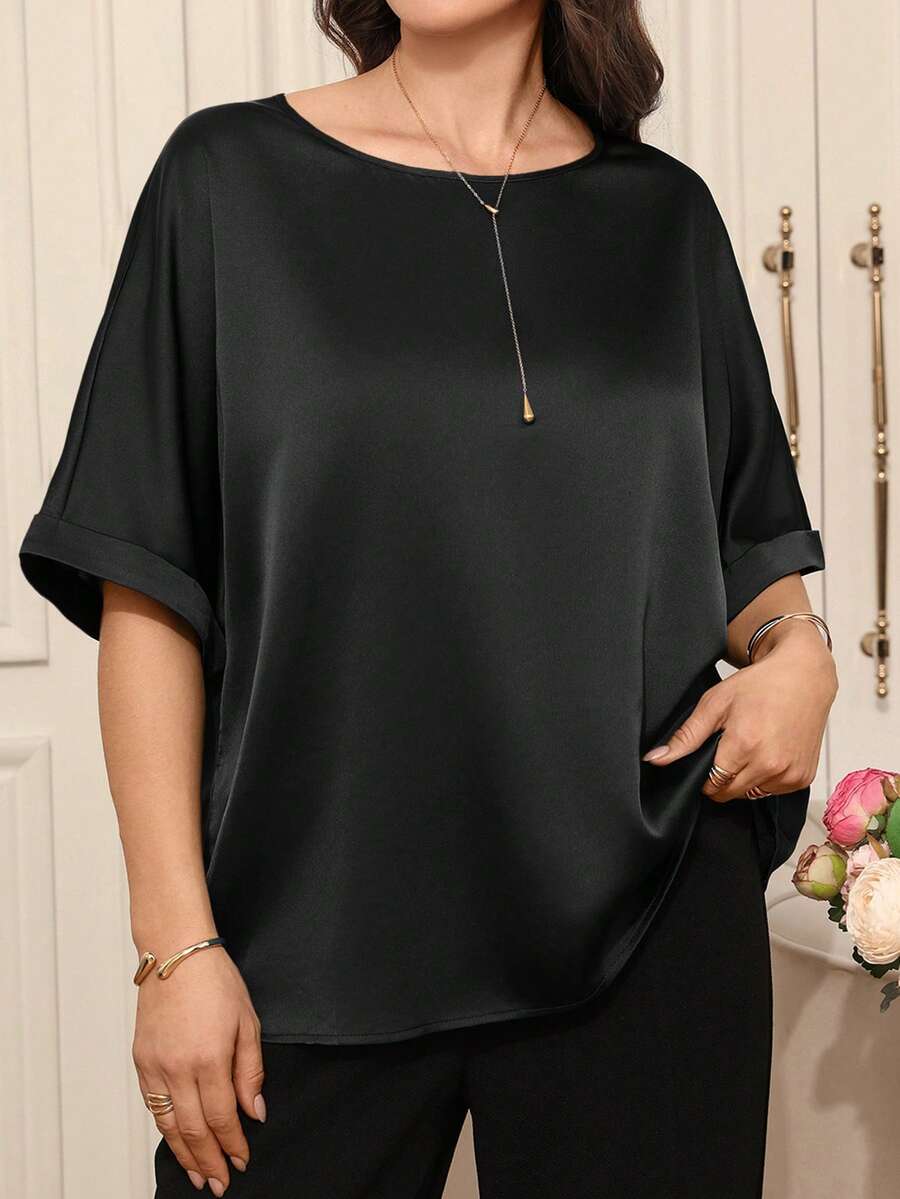 Miaspire Áo thun cổ tròn vải pique cỡ lớn dành cho nữ - màu đen - Xem 1