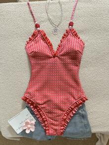Swim Mod 女童特制粉色蕾丝吊带连体泳衣 - 紅色 - 查看 4