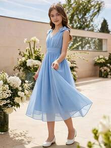 SHEIN Elegantes Mädchenkleid aus Chiffon Einfarbig mit 3D-Schleifen-Schulterdesign, leicht und weich, geeignet für Urlaub, Abschluss, Schulanfang, Hochzeitssaison, Partys und formelle Anlässe - Pink - Übersicht 3