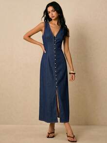 Poéselle Đầm denim nữ cổ chữ V cài một hàng khuy, không tay, kiểu dáng thường ngày. - Màu xanh lam - Xem 7