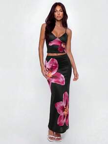 Avantive Conjunto de 2 piezas de top camisola y falda con estampado sexy para vacaciones de mujer - Burdeos - Ver 4
