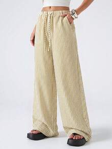 LYSMO Women's Casual Khaki Striped Drawstring Waist Loose Pants - Khaki - View 3