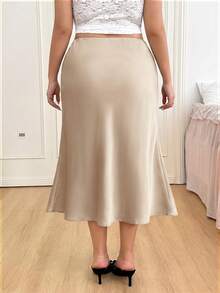 CovetEZ Champagne High-Waisted Solid Satin Skirt, Suitable For Party Office Date Wear, Spring/Summer Frenchy - Apricot - View 3