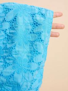 LOTSLUV Bộ đồ nữ mùa xuân/hè, màu xanh nhạt thêu lỗ, chất liệu vải xuyên thấu, áo crop top không tay cổ tròn có dây rút và chân váy ngắn. - Màu xanh lam - Xem 8