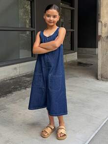 Dazy Kids Tween Girls' Summer Casual Pocketed Pleated Denim Jumpsuit - Blue - View 8