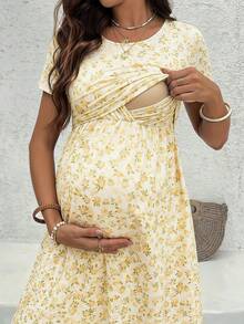 SHEIN 孕妇及哺乳期碎花圆领短袖连衣裙，夏季 - 白色 - 查看 1