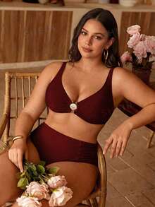 Swim Vcay Bộ đồ bơi tankini nữ size lớn màu trơn, áo tankini tối giản dây phụ kiện phối cùng quần tam giác nhún, phong cách thường ngày cho kỳ nghỉ - Màu Đỏ Sâu - Xem 5