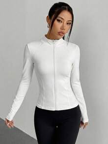 Sudadera deportiva ajustada cierre frontal manga larga cuello alto - Blanco - Ver 3