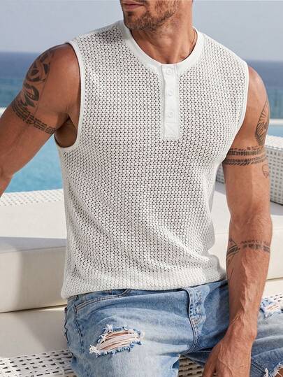 VENTUSAIL Men's Solid Color Large Crew Neck Hollow-Out Jacquard Knit Tank Top, Summer