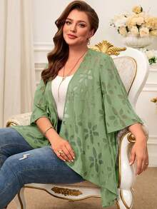 Miaspire Plus Size Solid Color Asymmetric Hem Casual Loose Jacket, Spring/Summer - Green - View 5