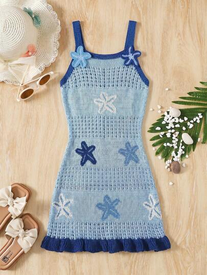 SHEIN Tween Girl Vacation 3D Starfish Decor Hollow Camisole Dress Mother's Day Graduation Suitable For Spring & Summer Daily, Outing, Vacation, Holiday Wear, Stylish Girls, Casual Wear, New Style, Homecoming, Chill Vibe Outfits, Back To School, Girly Style T Shirt
