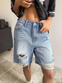 SHEIN ICON 女士休闲做旧牛仔短裤，蓝色 - 淺色水洗藍 - 查看 3