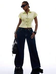 LYSMO Plus Size Summer Minimalist Chic Solid Color Shirt With Button Detail Collar Everyday Pale Yellow - Green - View 3