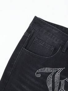 ROMWE MEN Grunge Punk Men's Summer Casual Rhinestone Distressed Slant Pocket Denim Shorts - Black - View 6