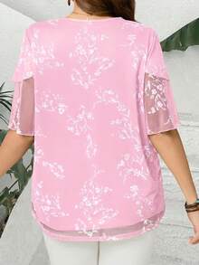 BrightlyHer 大码女式V领短袖印花荷叶边袖束腰上衣，夏季女装，夏季度假，女士度假装，简约时尚，日常穿着 - 粉色 - 查看 2