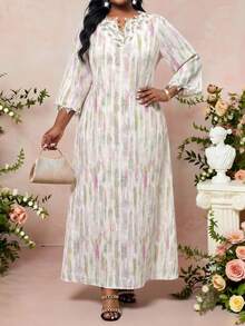 SHEIN Lady Women's Plus Size White Olive Green V-Neck Long Sleeve Elegant Bohemian Dress,Autumn Vacation Resort Wear,Beach Holiday Tea Party Graduation Outfit - Pink - View 3