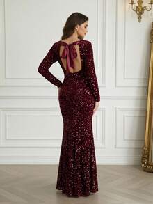 Modelyn Women's Fashion Autumn And Winter Banquet Party Princess Socialite Elegant Internet Celebrity Popular Dresses That Can Be Worn Daily. Super High Elastic Sequin Fabric Body Waist And Bodycon Long Dress, Fashionable Slimming Twist Design Dress, Red Dress Formal Dinner Dress, Christmas Dress Can Be Worn On Christmas, Special Back Design Silk Fabric Splicing Fashionable And Slim, Prom Evening Gown, For Wedding Guest, Graduation - Burgundy - View 1