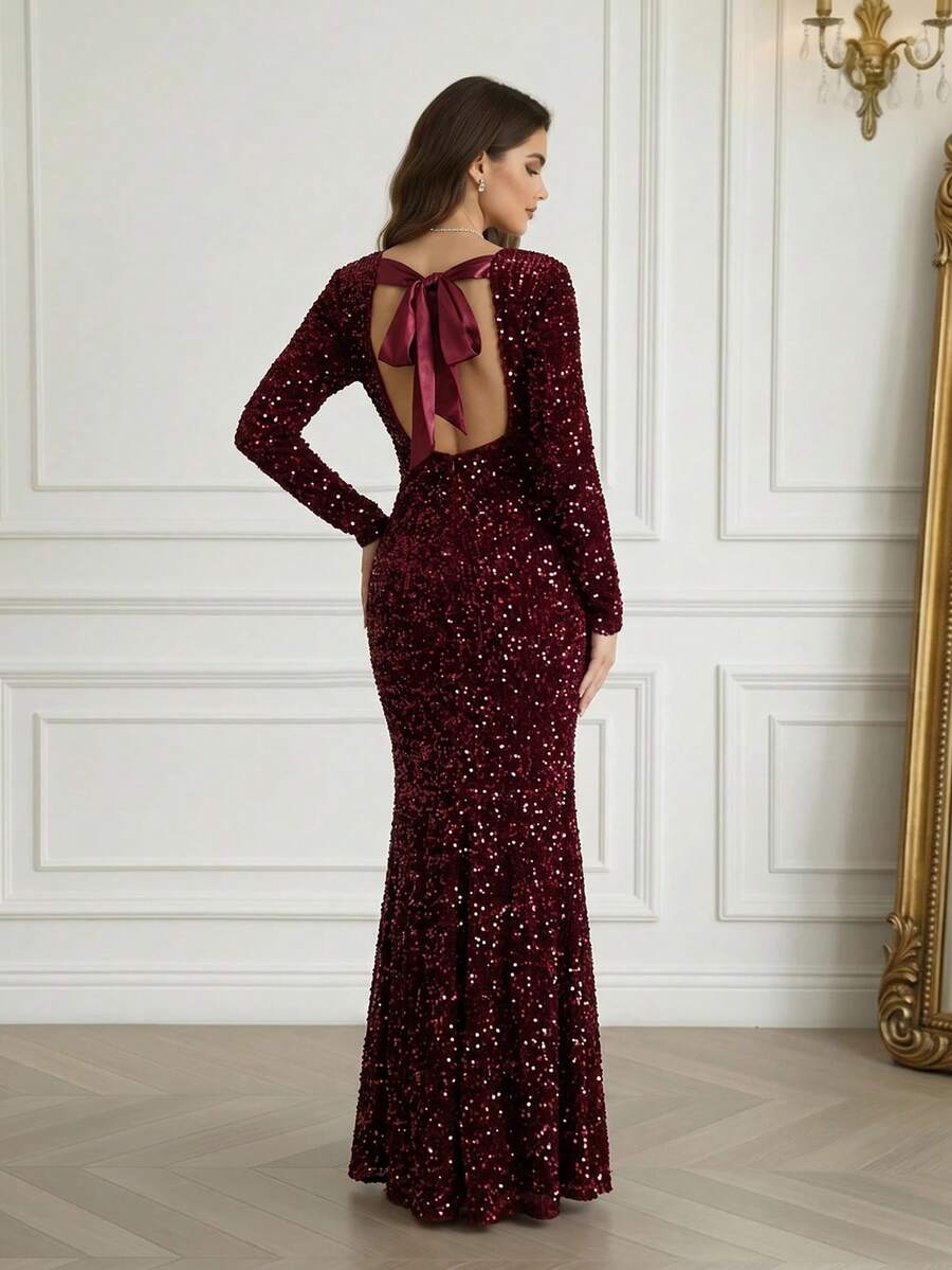 Modelyn Women's Fashion Autumn And Winter Banquet Party Princess Socialite Elegant Internet Celebrity Popular Dresses That Can Be Worn Daily. Super High Elastic Sequin Fabric Body Waist And Bodycon Long Dress, Fashionable Slimming Twist Design Dress, Red Dress Formal Dinner Dress, Christmas Dress Can Be Worn On Christmas, Special Back Design Silk Fabric Splicing Fashionable And Slim, Prom Evening Gown, For Wedding Guest, Graduation - Burgundy - View 1