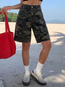 SHEIN PETITE 女款休閒迷彩印花牛仔短褲，適合嬌小女性 - 軍綠色 - 查看 8