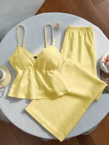 xheSweetra Conjunto de pantalones palazzo casuales con parches de tela texturizada, encaje floral y estilo Y2Kxhe - Amarillo - Ver 6
