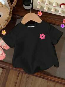 可愛迷你版 My Mom 嬰兒女童 T-shirt，黑色與粉色夏季休閒短袖圓領上衣，親子套裝甜美字母圖案 - 彩色 - 查看 2