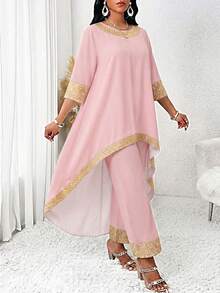 SHEIN Lady Conjunto de 2 piezas de top largo bordado y pantalones talla grande, color rosa loto - Rosa vieja - Ver 4