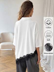 Easowa Áo thun ngắn tay nữ phối ren, kiểu dáng thường ngày đa năng; Áo polo nữ màu trắng bằng cotton với viền ren đen; Áo thun nữ màu trắng pha cotton với viền ren tinh tế và thiết kế bất đối xứng độc đáo; Áo mùa hè màu trắng. - trắng - Xem 3
