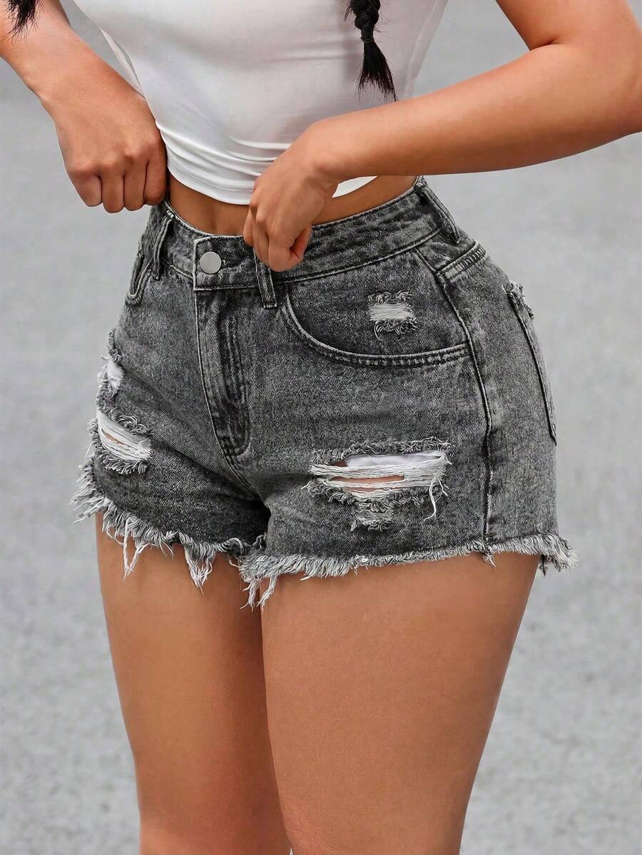 Jeanoix Plus Size Summer Casual Distressed Denim Shorts - Light Grey - View 1