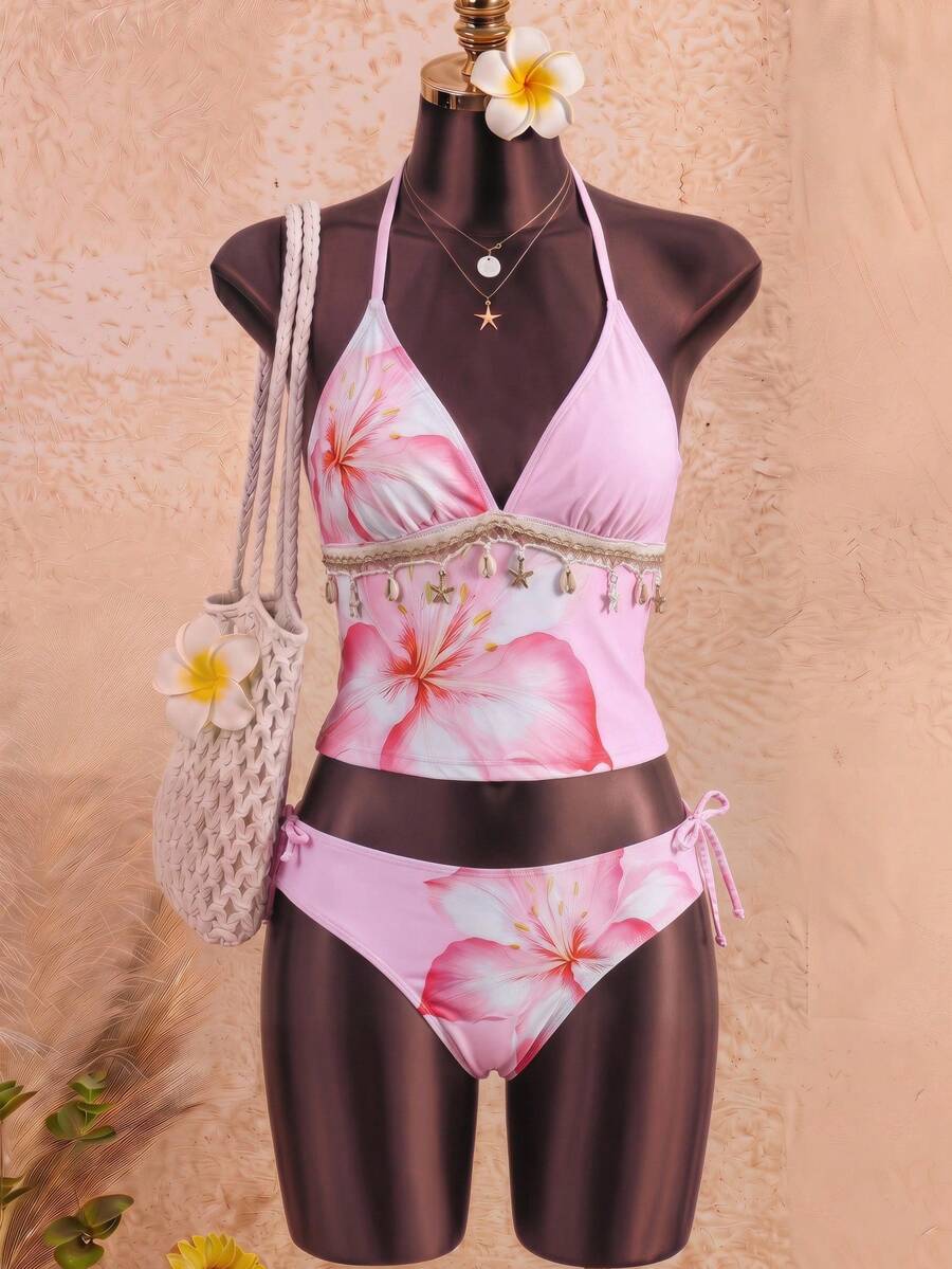 SHEIN 少女粉色碎花吊带两件式泳衣套装,甜美时尚风格,适合各种场合,春夏款 - 粉色 - 查看 1