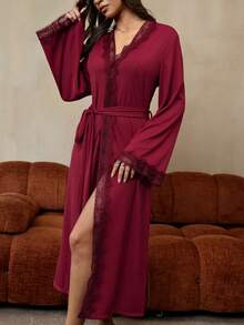 HautHeat Women's Solid Color Minimalist Long Sleeve Robe, Casual Loungewear - Burgundy - View 5