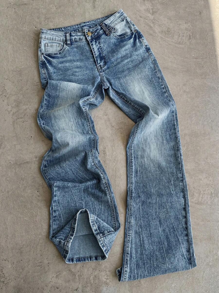 Attitoon Quần jeans ống loe nữ, kiểu dáng thường ngày, chất liệu denim mài, có túi xéo. - Rửa nhẹ - Xem 1