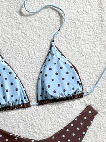 Swim Mod Women's Contrast Color Spaghetti Strap Halter Neck Triangle Bikini Set, Summer - Multicolor - View 7
