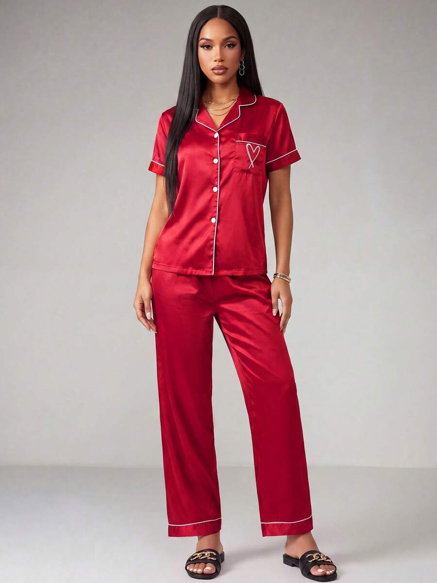Silforma 2pcs Faux Silk Heart Embroidery Short Sleeve Top & Pants Red Pajama Set - Red - View 1