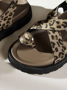 Solecia Set Of Toe Metal Buckle Open-Toed Slippers, Muffin Platform Sandals, Fashionable And Versatile, Rear Strap Platform Shoes Summer - leopard print - View 5