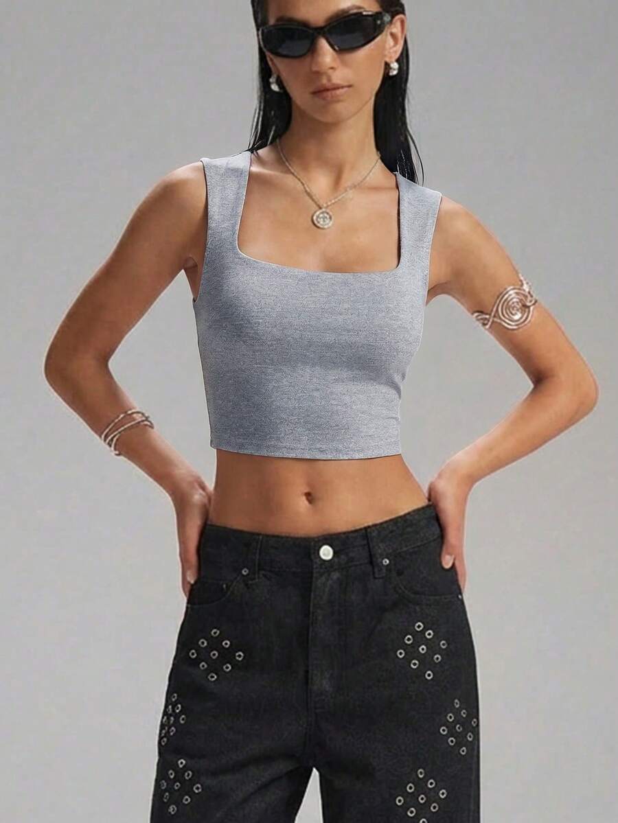 LYSMO 女士纯色短款休闲吊带背心 - 灰色 - 查看 1