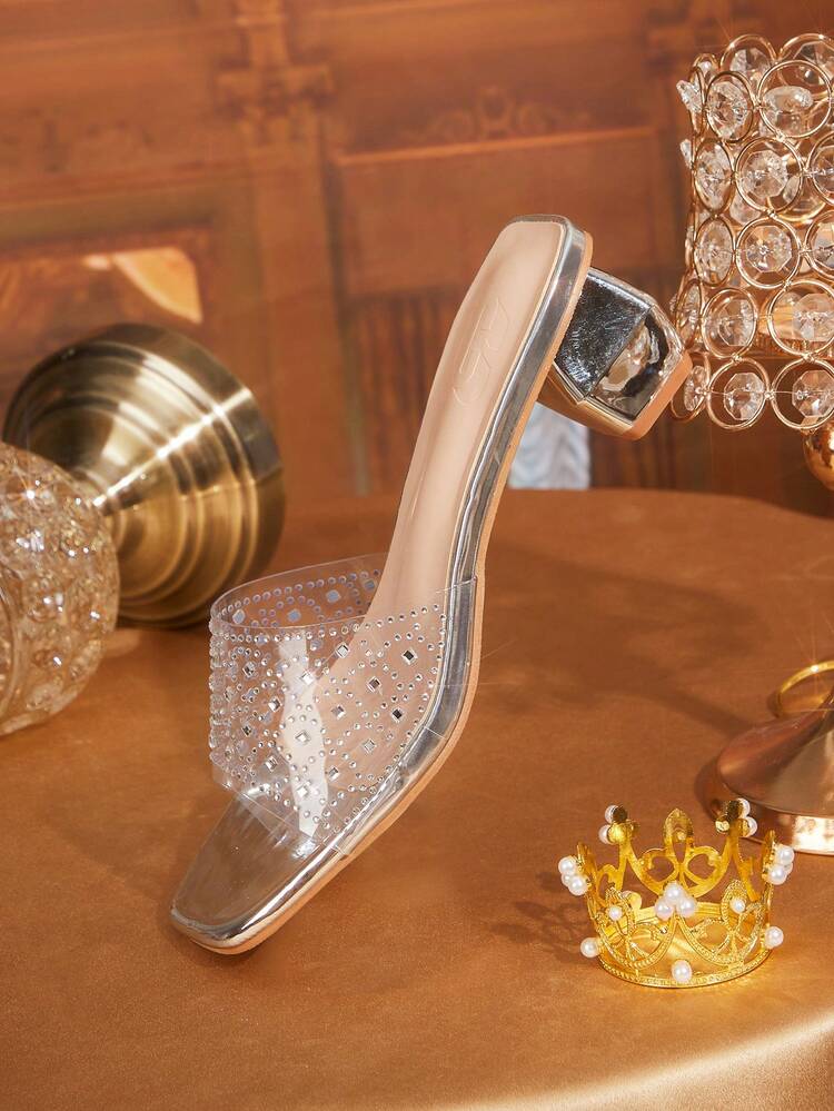 CUCCOO TILAWA Women's Spring/Summer New Crystal H-Shaped Strap Square Toe Thick Heel Sexy Stylish Fashion PVC Transparent Crystal High Heel Sandals, Backless H-Type Slippers, Elegant Party Holiday Sexy Street Style