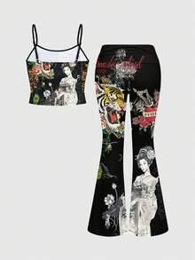 ROMWE Avant Cute & Sexy Spaghetti Strap Flare Pants With Layered Waistband, Women 2 Pieces Set - Black - View 2